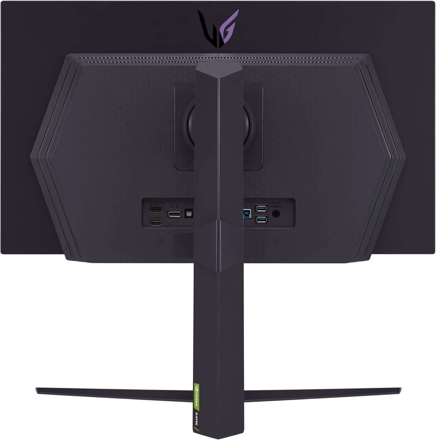 Back view of LG UltraGear 27GS95QE OLED gaming monitor with ports and stand showing sleek design.