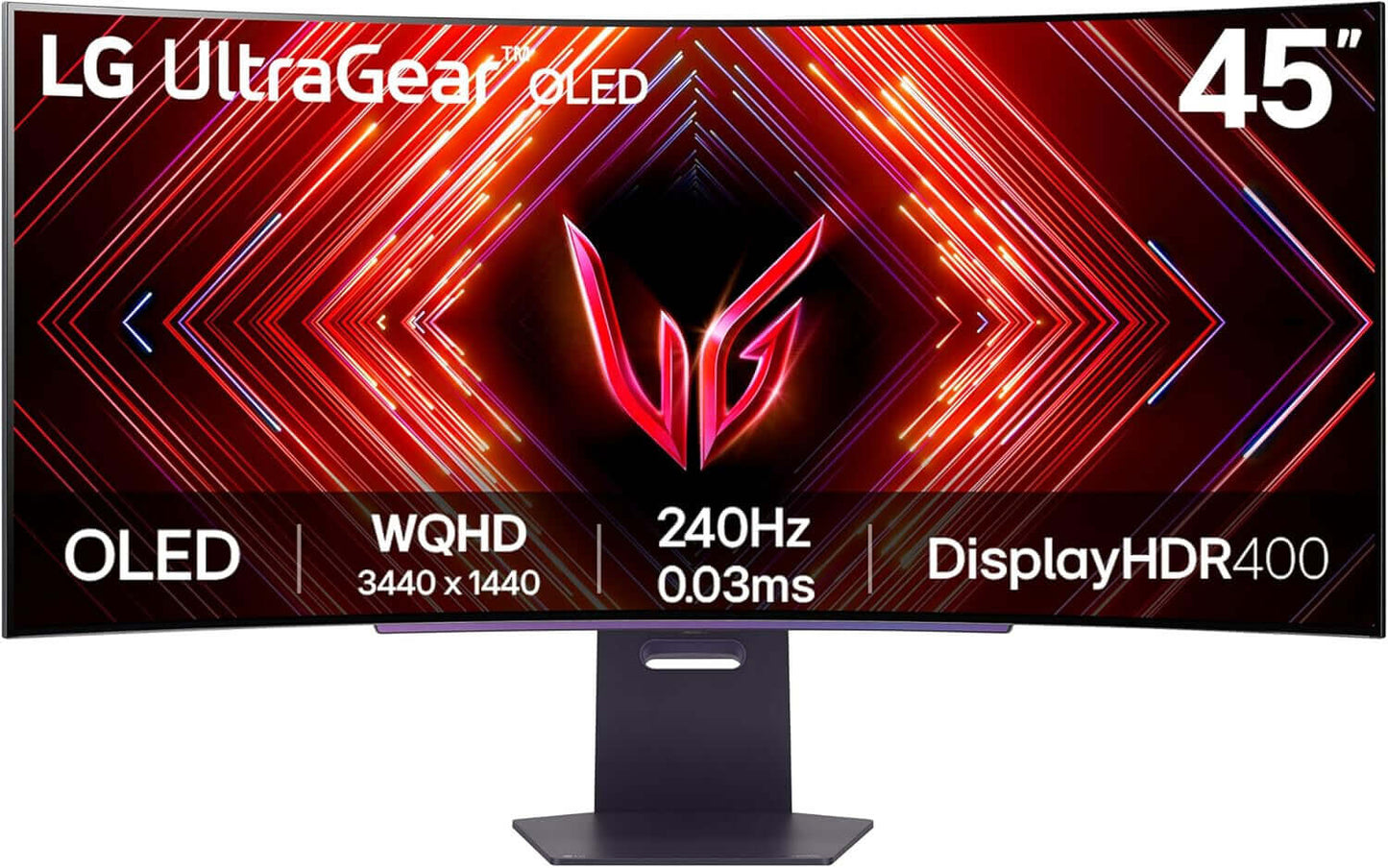 LG ULTRAGEAR 45GS95QE 45" QUAD HD 1440P OLED GAMING MONITOR with 240Hz refresh rate and 0.03ms response time.