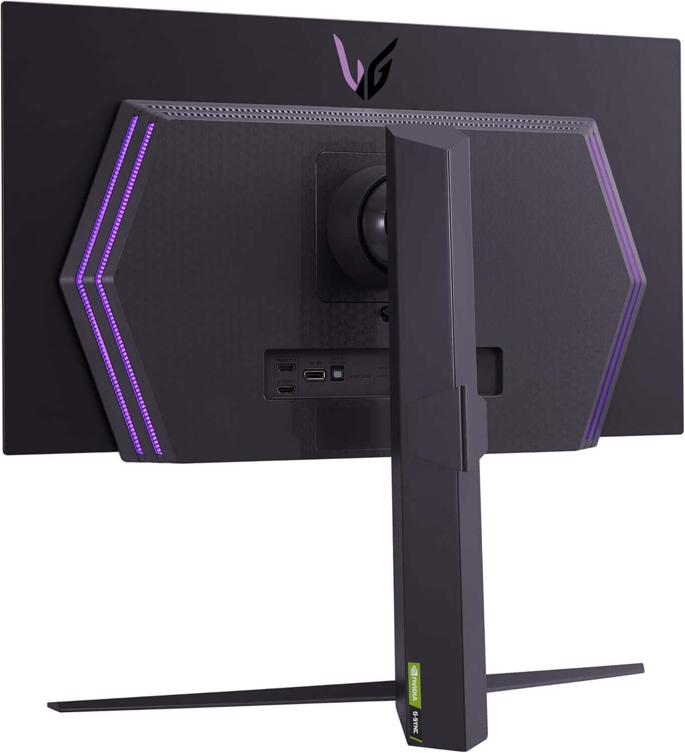 Back view of LG Ultragear 27GS95QE gaming monitor showcasing ports and RGB lighting features.