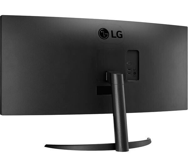 Rear view of LG UltraWide 34WR50QK-B curved LCD monitor showing ports and sleek design.