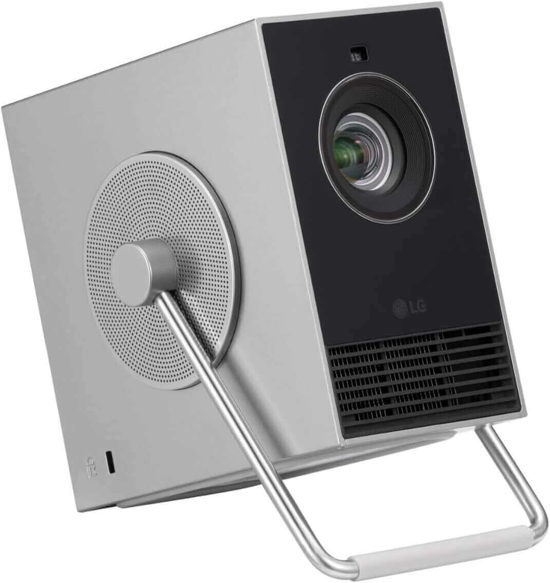 LG HU710PB CineBeam Q 4K projector with modern design and adjustable stand, perfect for home theater.