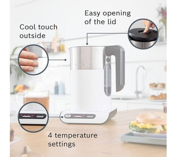 BOSCH Styline TWK8631GB 3000W 1.5L CORDLESS JUG STAINLESS STEEL KETTLE WHITE features easy lid opening and cool touch exterior.