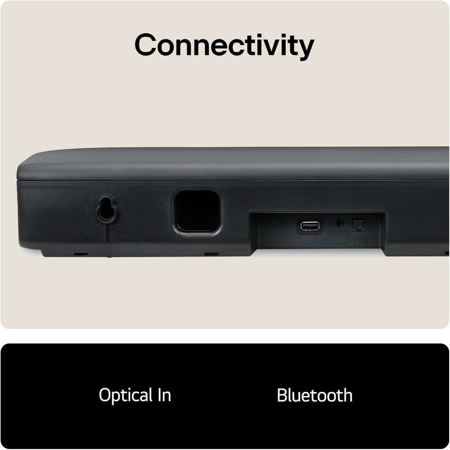 LG SOUNDBAR 2.0 WIRELESS BLUETOOTH COMPACT 40W OPTICAL PORT 3.5MM BLACK SQM1 connectivity ports including Optical In and Bluetooth.