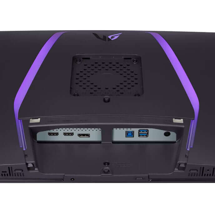 Back view of LG UltraGear 32" gaming monitor showing port connections and sleek design.
