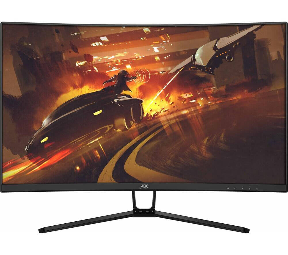 ADX A27G6G23 27" curved LCD gaming monitor showcasing vibrant graphics and fast-paced action.