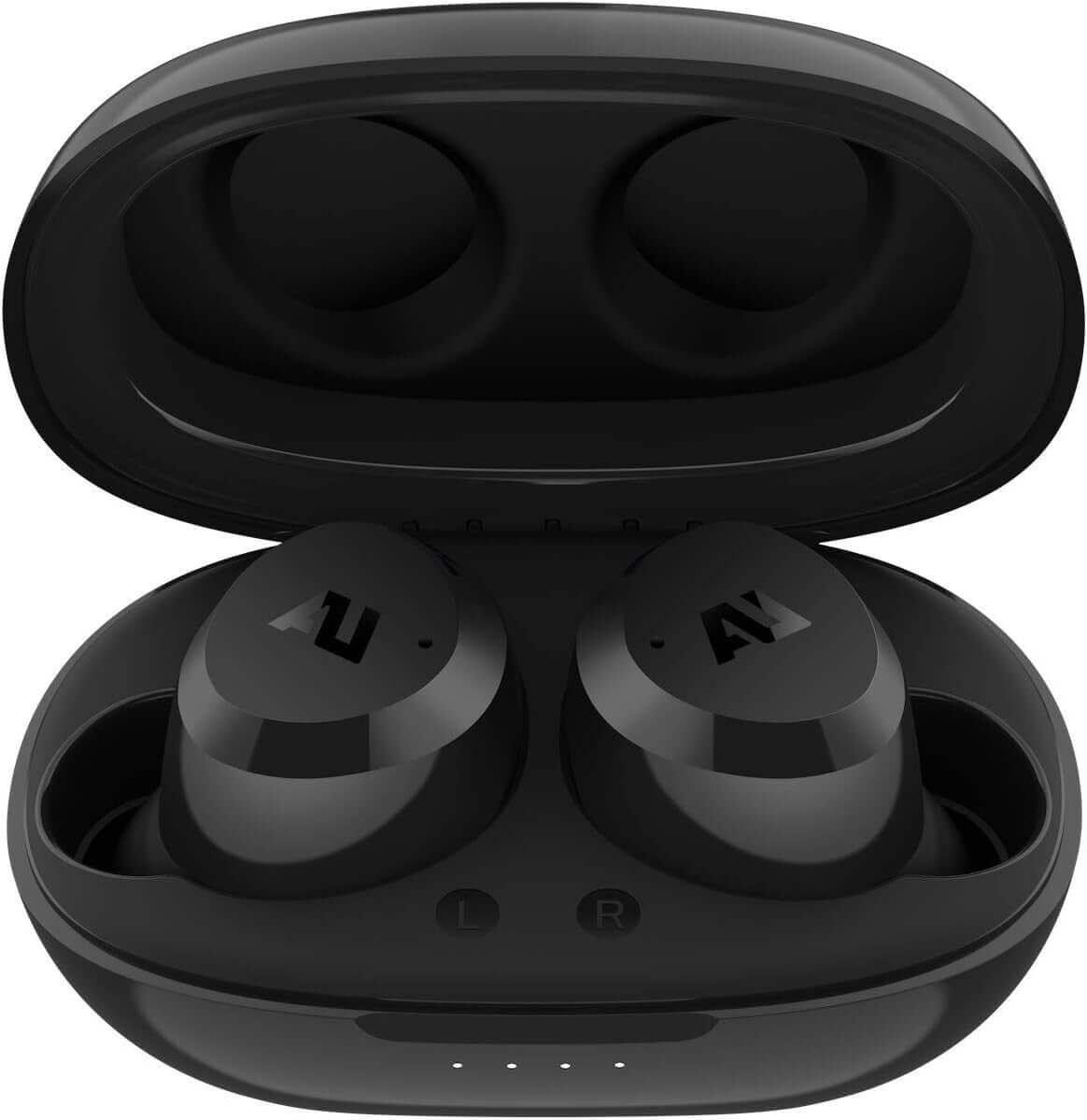 AUSOUNDS AU-Stream Hybrid Wireless Bluetooth Noise-Cancelling Earphones in charging case, sleek black design.
