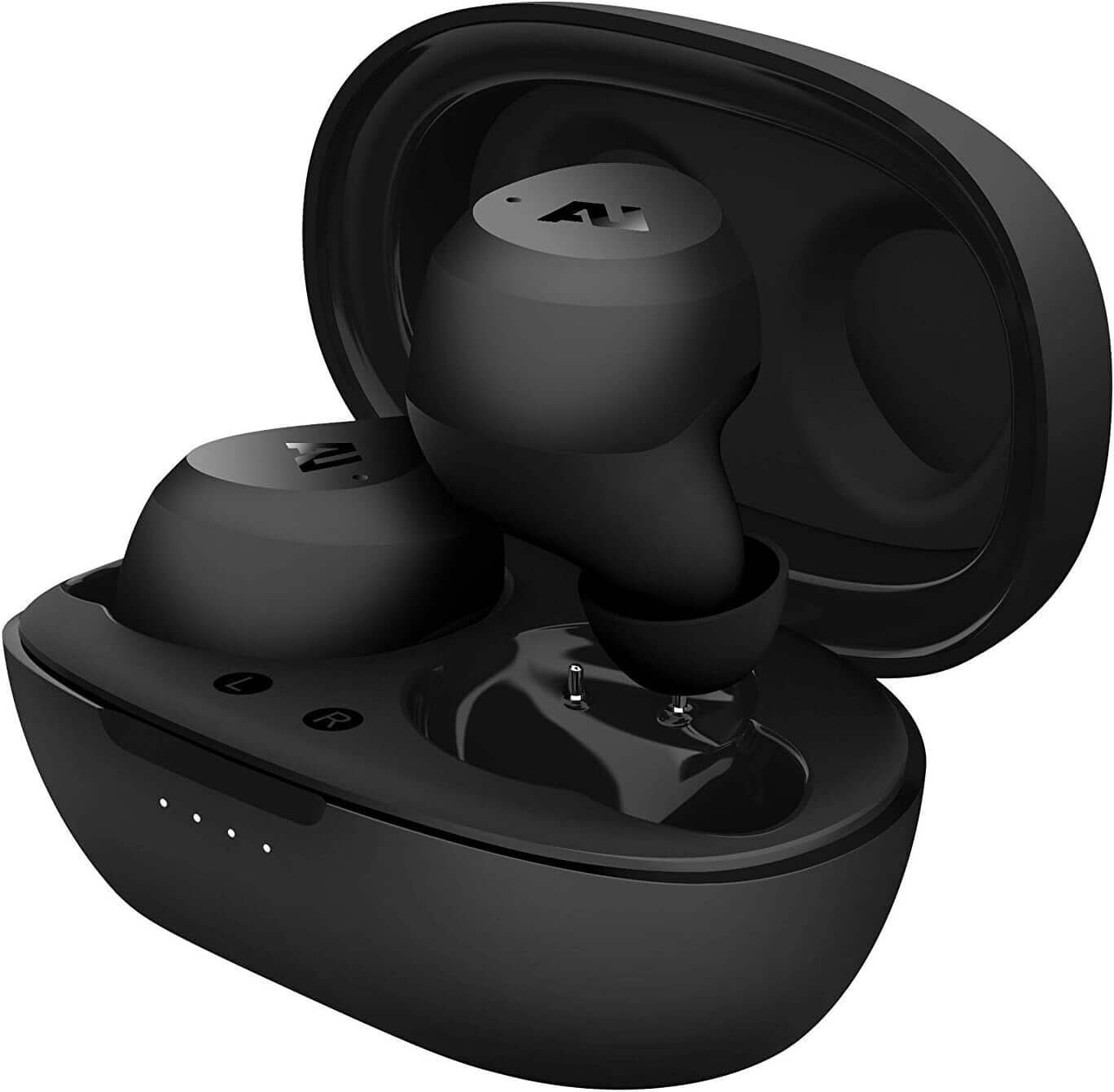 AUSOUNDS AU-Stream Hybrid Wireless Bluetooth Noise-Cancelling Earphones in black, stored in their charging case.