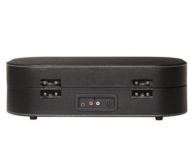 Crosley Discovery Bluetooth vinyl turntable in black with sleek design and built-in speaker connectivity ports.