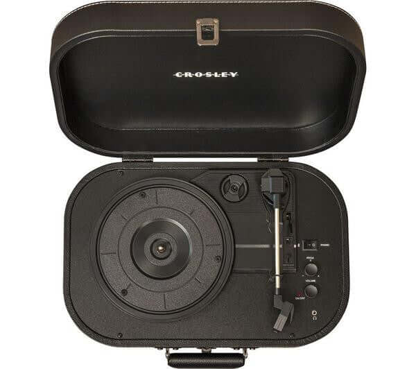 Crosley Discovery Bluetooth vinyl turntable in portable case, showcasing black design and controls.