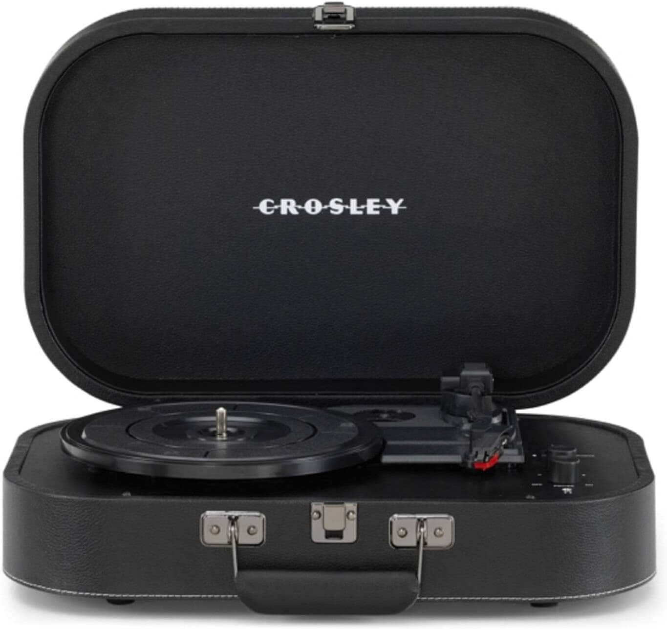 CROSLEY Discovery Belt Drive Bluetooth Vinyl Turntable in black, showcasing the stylish open design with records.