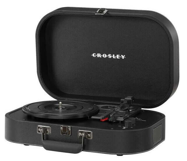 Crosley Discovery Bluetooth vinyl turntable in black, showcasing its stylish portable design and built-in speakers.