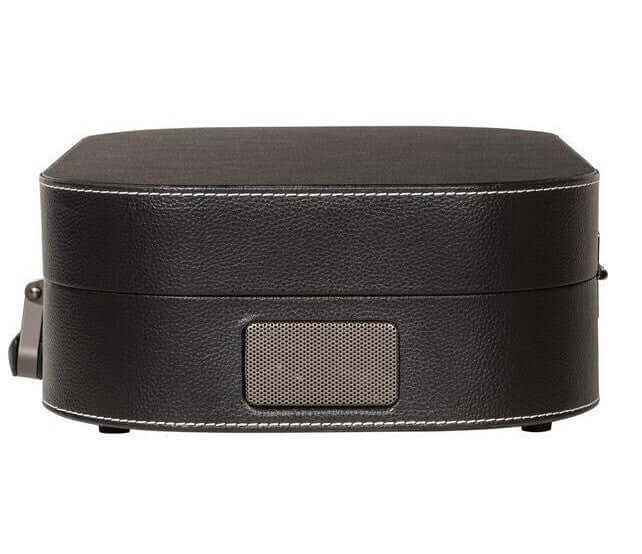 Crosley Discovery Bluetooth vinyl turntable in black, showing top view and built-in speaker grill.