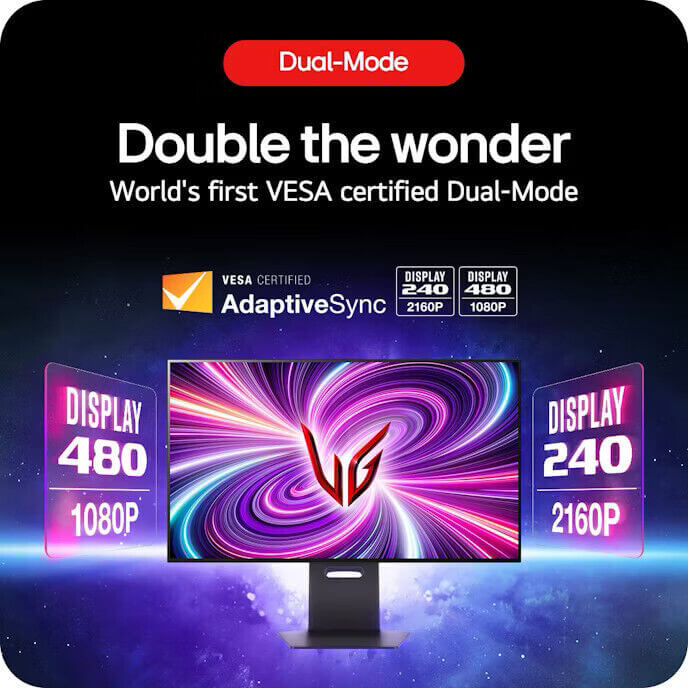 Dual-mode monitor displaying 480p and 240p options with AdaptiveSync certification background effects.