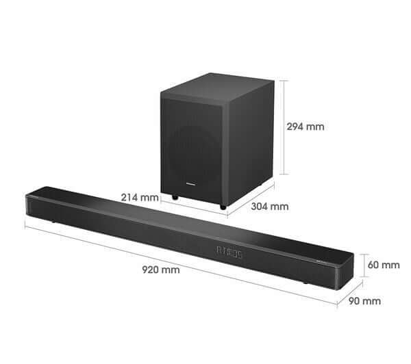Dimensions of HISENSE AX3120G 3.1.2 soundbar and subwoofer including width, height, and depth measurements.