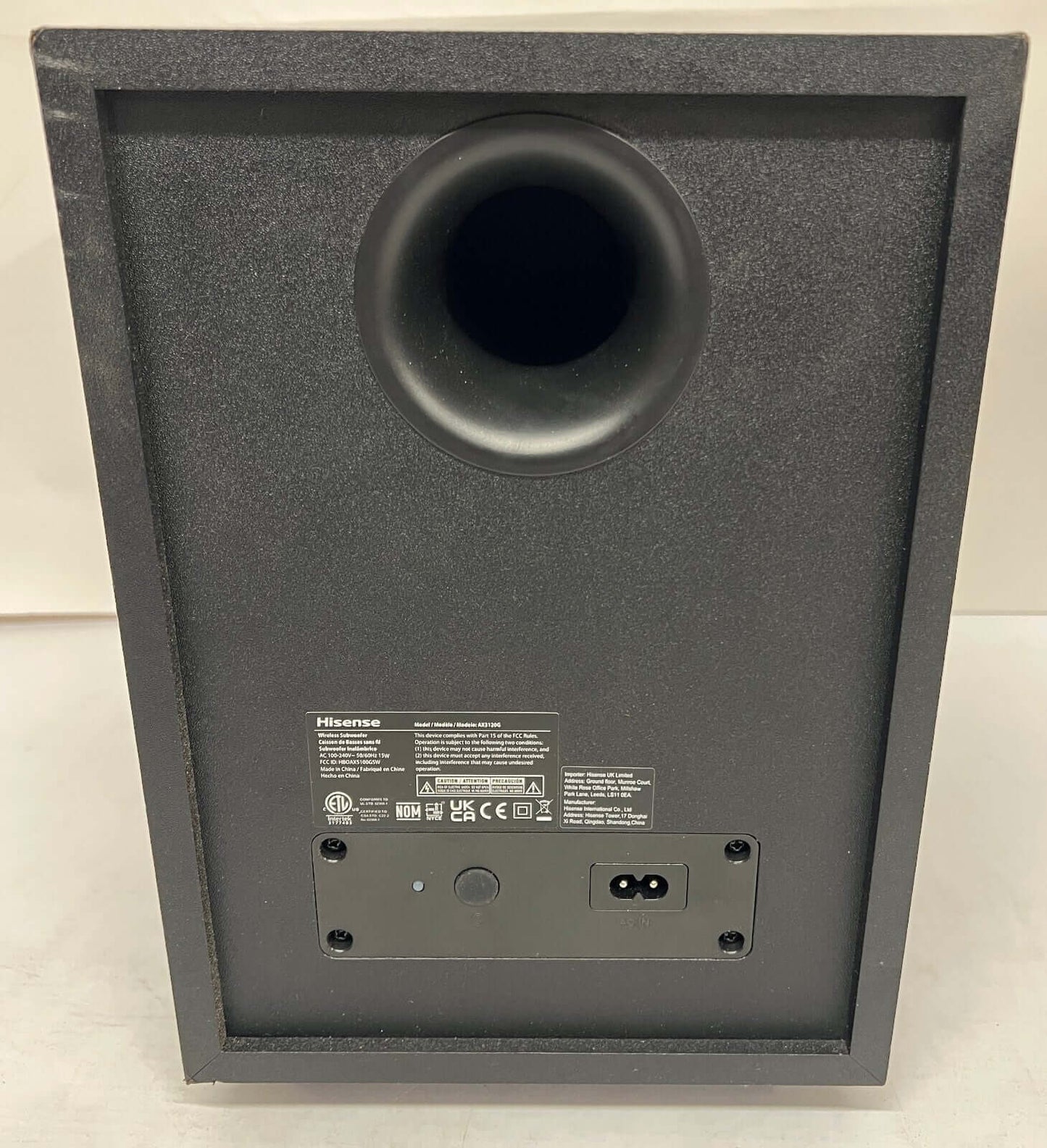 Back view of Hisense AX3120G wireless subwoofer, featuring ports and vent for enhanced audio performance.