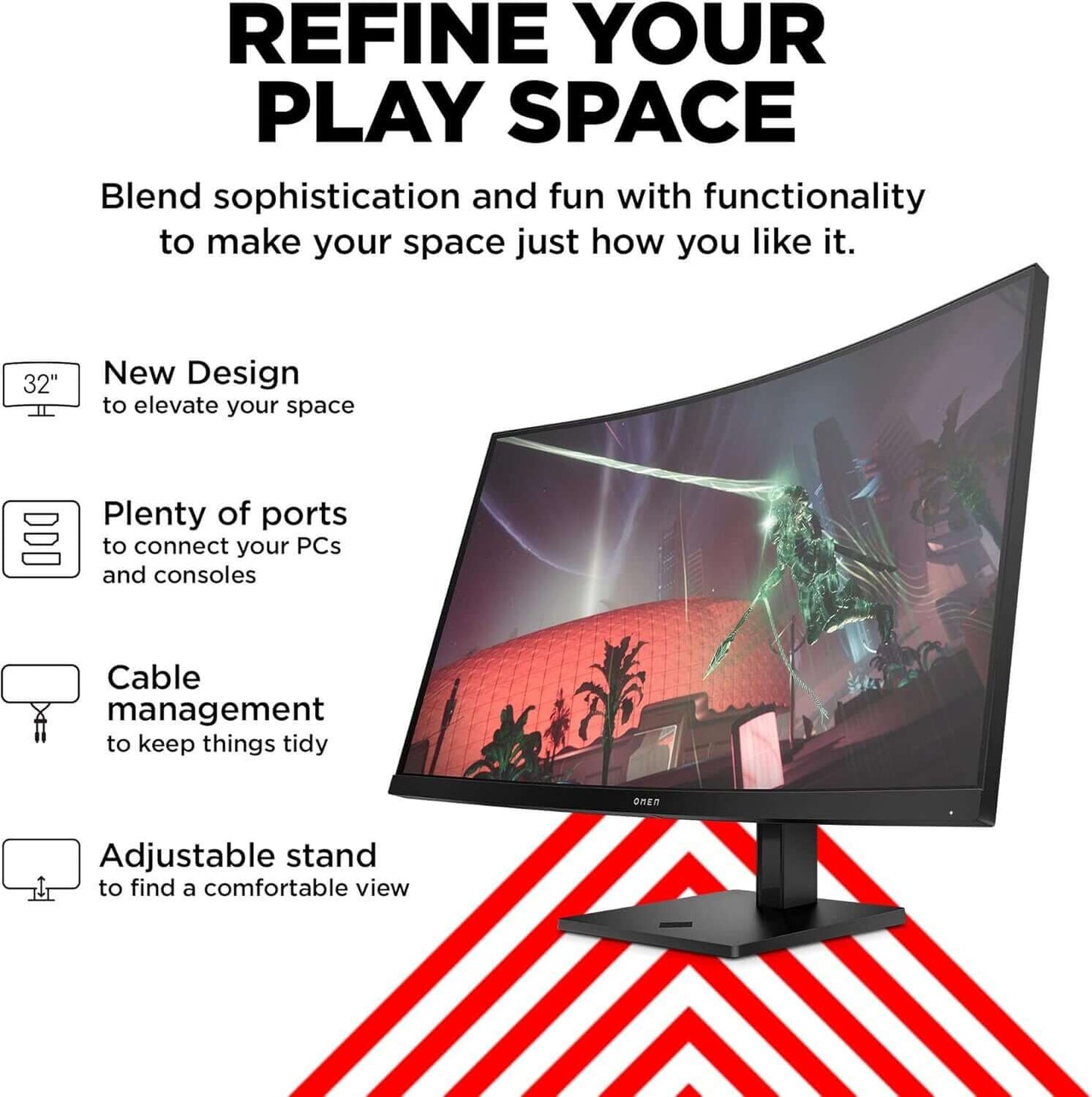HP OMEN 32c 34" curved gaming monitor showcasing sleek design, adjustable stand, and multiple ports for a refined gaming setup.