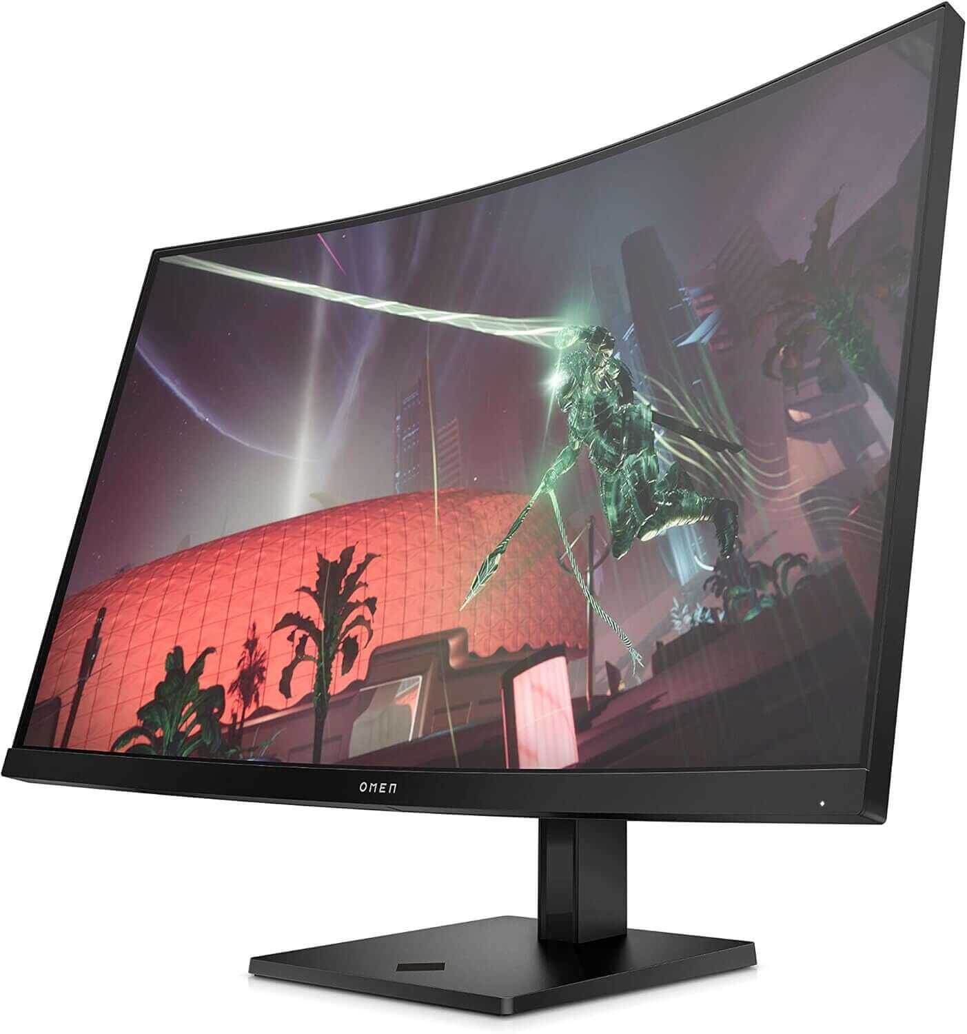 HP OMEN 32c 34" curved gaming monitor displaying vibrant graphics, 165Hz refresh rate, HDMI and DisplayPort inputs.