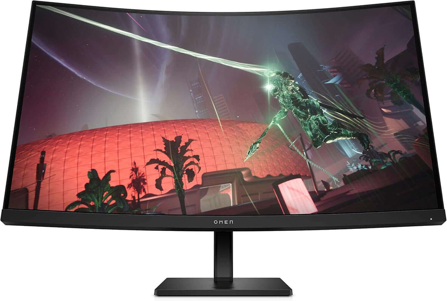 HP OMEN 32c 34" curved gaming monitor displaying vibrant graphics with a sleek stand.