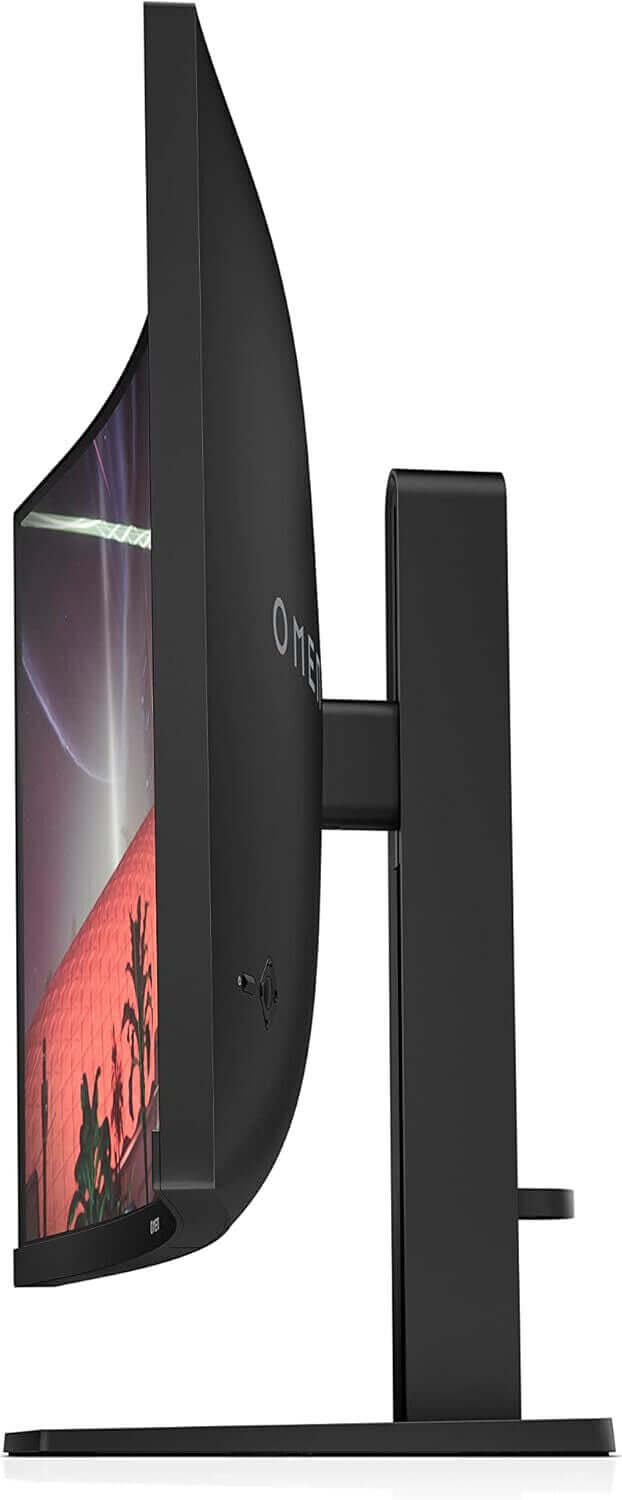 Side view of the HP OMEN 32c 34" curved gaming monitor showcasing its sleek design and adjustable stand.