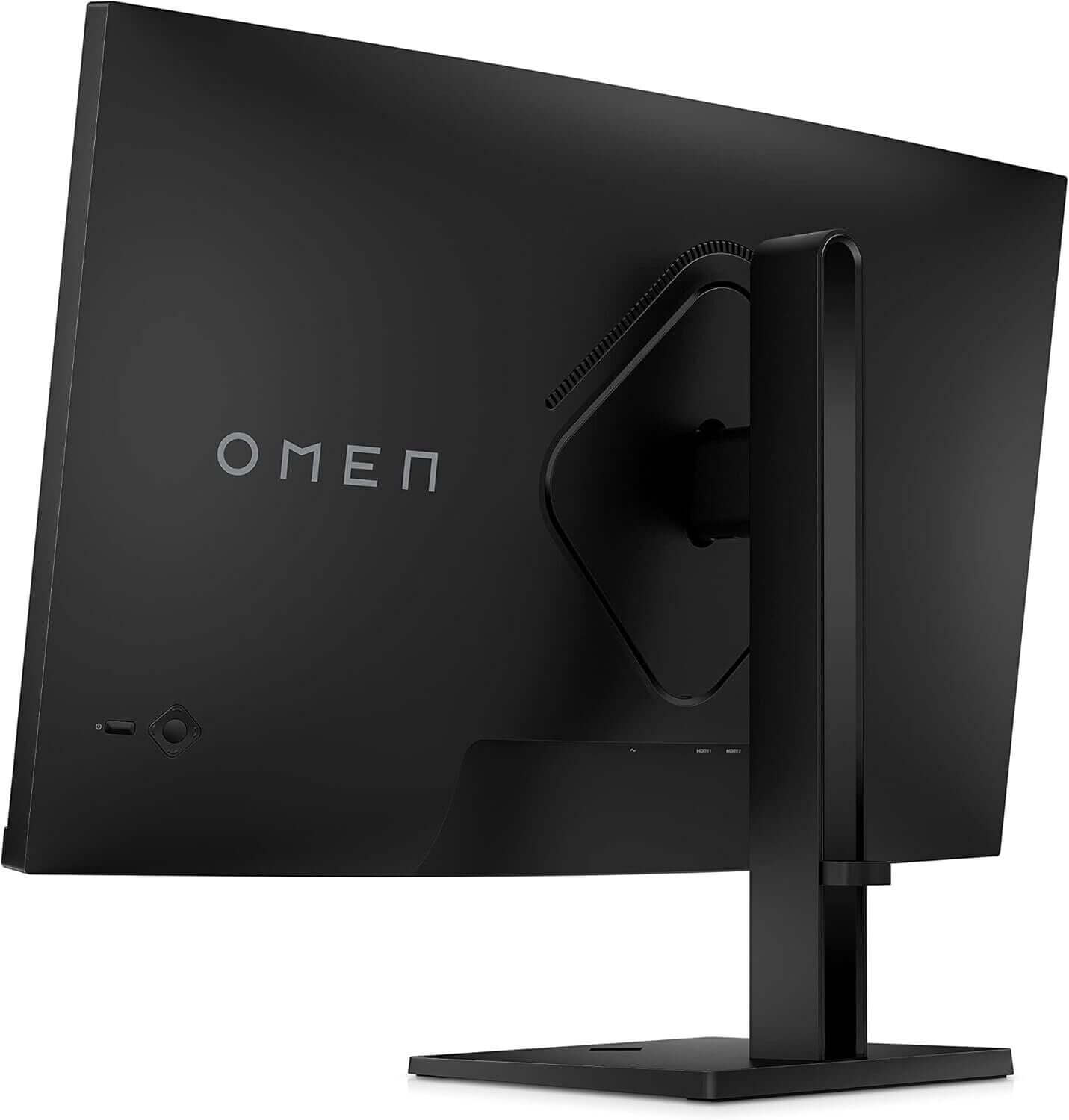 HP OMEN 32c curved gaming monitor back view with height adjustable stand in black.