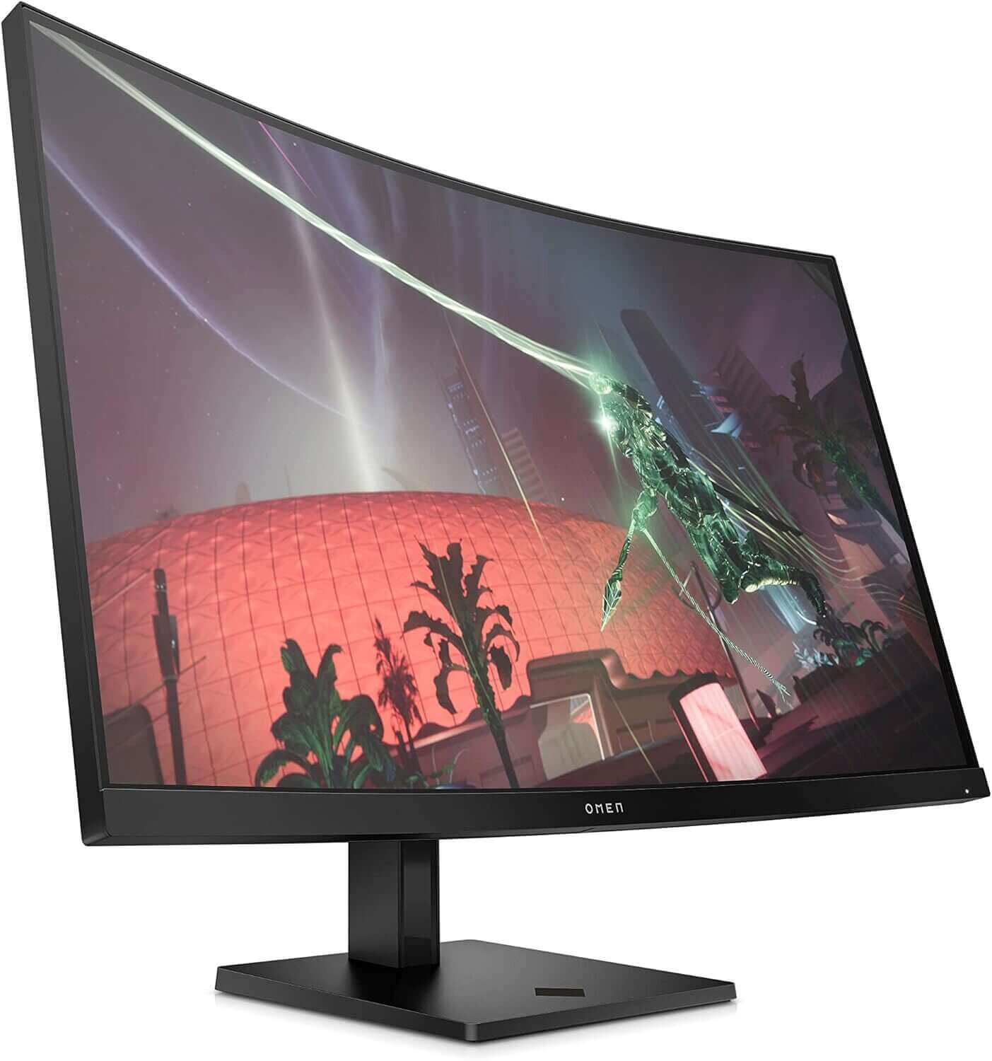 HP OMEN 32c 34" curved gaming monitor displaying vibrant graphics, ideal for immersive gaming experiences.