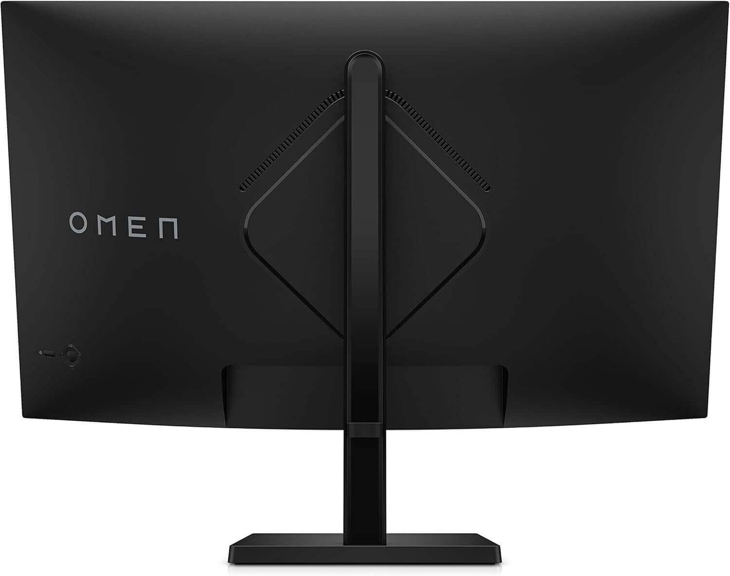 Rear view of HP OMEN 32c curved gaming monitor with adjustable stand and logo, showcasing sleek black design.