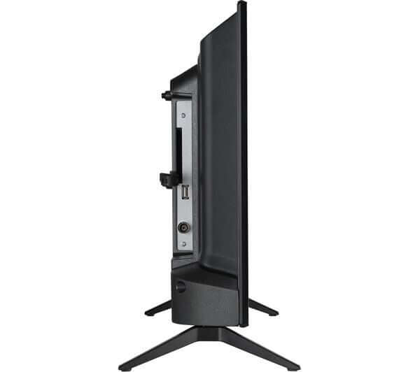 Side view of JVC LT-24CR230 24” ROKU TV SMART HDR10 HD LED TV FREEVIEW HD PLAY HDMI x3 USB showing ports and stand.