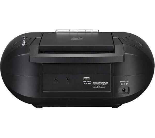 Back view of JVC RC-D322B wireless Bluetooth DAB+ FM boombox in black, showcasing USB and aux-in ports.