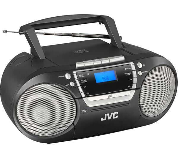 JVC RC-D322B wireless Bluetooth boombox with CD and cassette player, black, featuring LCD display and USB port.