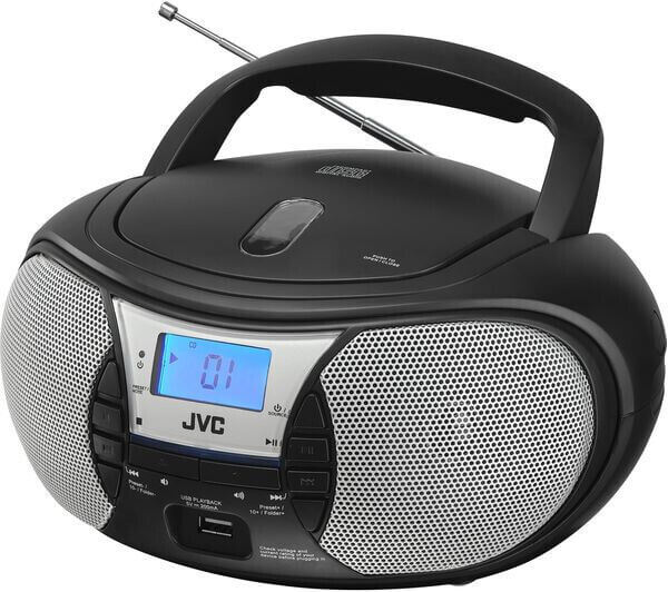 JVC RD-D222B portable boombox in black, featuring CD player, FM radio, LCD display, and USB port.