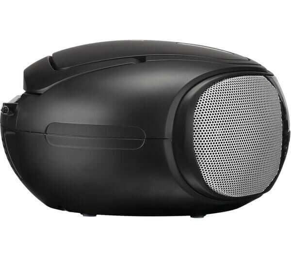 JVC RD-D222B portable boombox in black with silver speaker mesh, sleek design for music on the go.