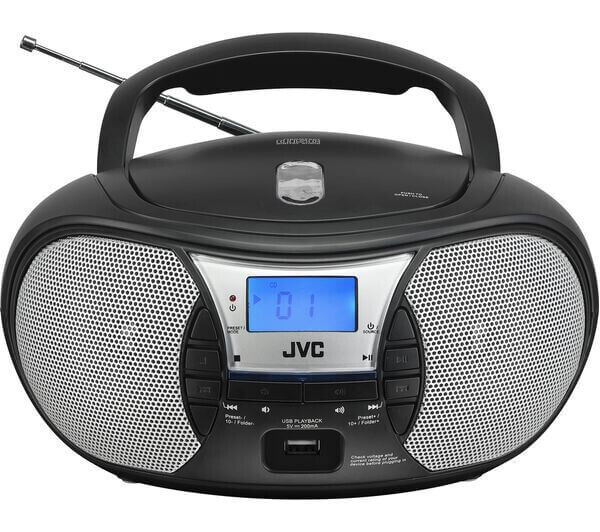 JVC RD-D222B portable boombox in black, featuring CD player, FM radio, USB port, and digital display.
