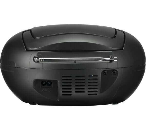 Back view of JVC RD-D222B portable boombox showing power and audio ports.
