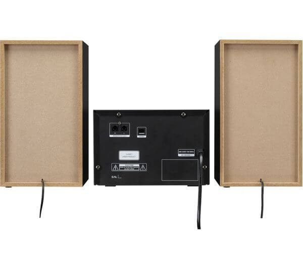 Back view of JVC UX-D327B stereo system speakers showcasing connectivity options and wooden design.