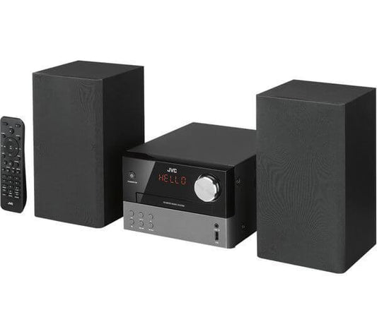 JVC UX-D327B traditional Hi-Fi stereo system with speakers and remote control, featuring Bluetooth, CD player, and USB.