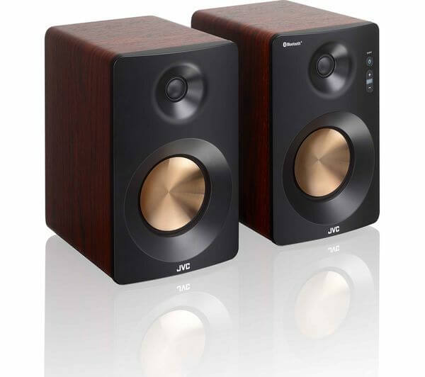 JVC XS-D629BM 2.0 Bluetooth bookshelf speakers in walnut finish, featuring wireless connectivity and powerful sound.