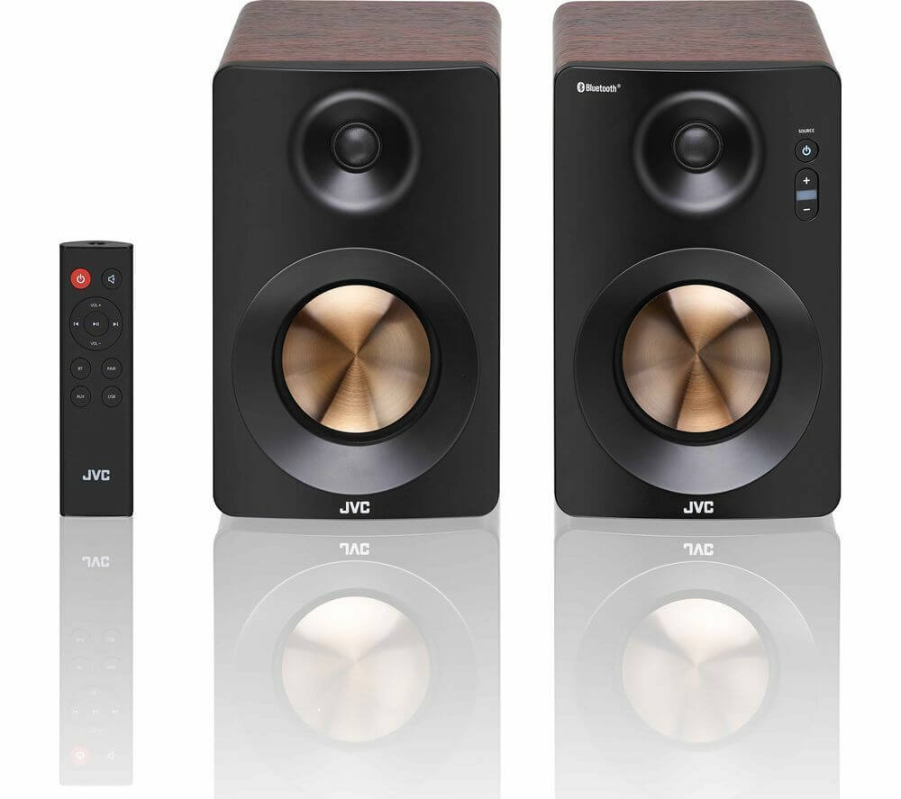 JVC XS-D629BM 2.0 channel Bluetooth bookshelf speakers in walnut finish with remote control.