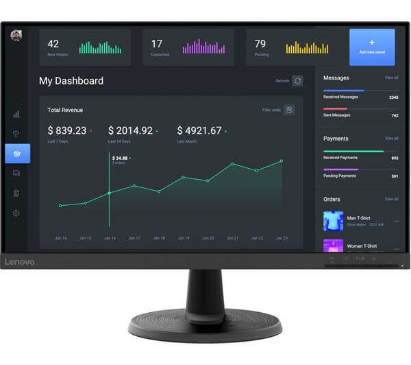 Lenovo D24-40 Full HD 23.8" VA monitor displaying a dashboard with graphs and statistics.