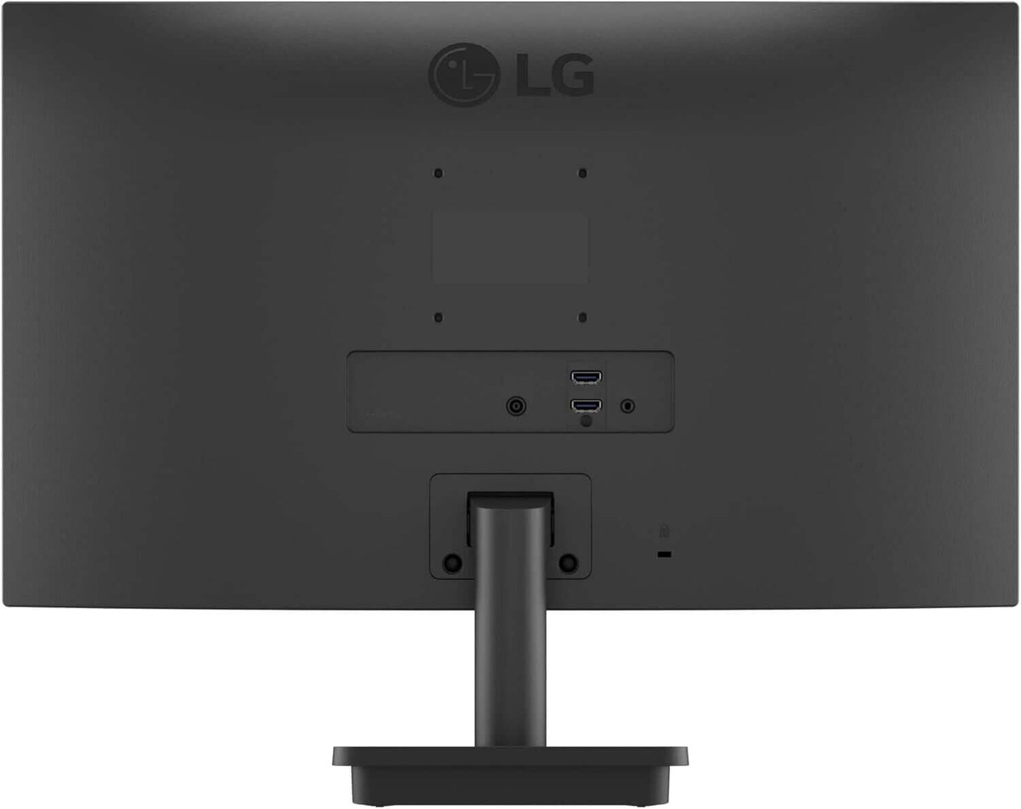 Back view of LG 24MS550 monitor showcasing connectivity ports and stand.