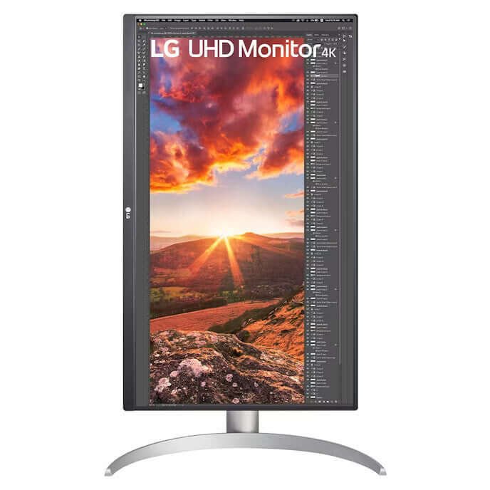 LG 27UP850K 27" 4K MONITOR ULTRA HD IPS 2160P 60HZ 1MS HDMI USB-C in a vertical orientation showcasing vivid imagery.