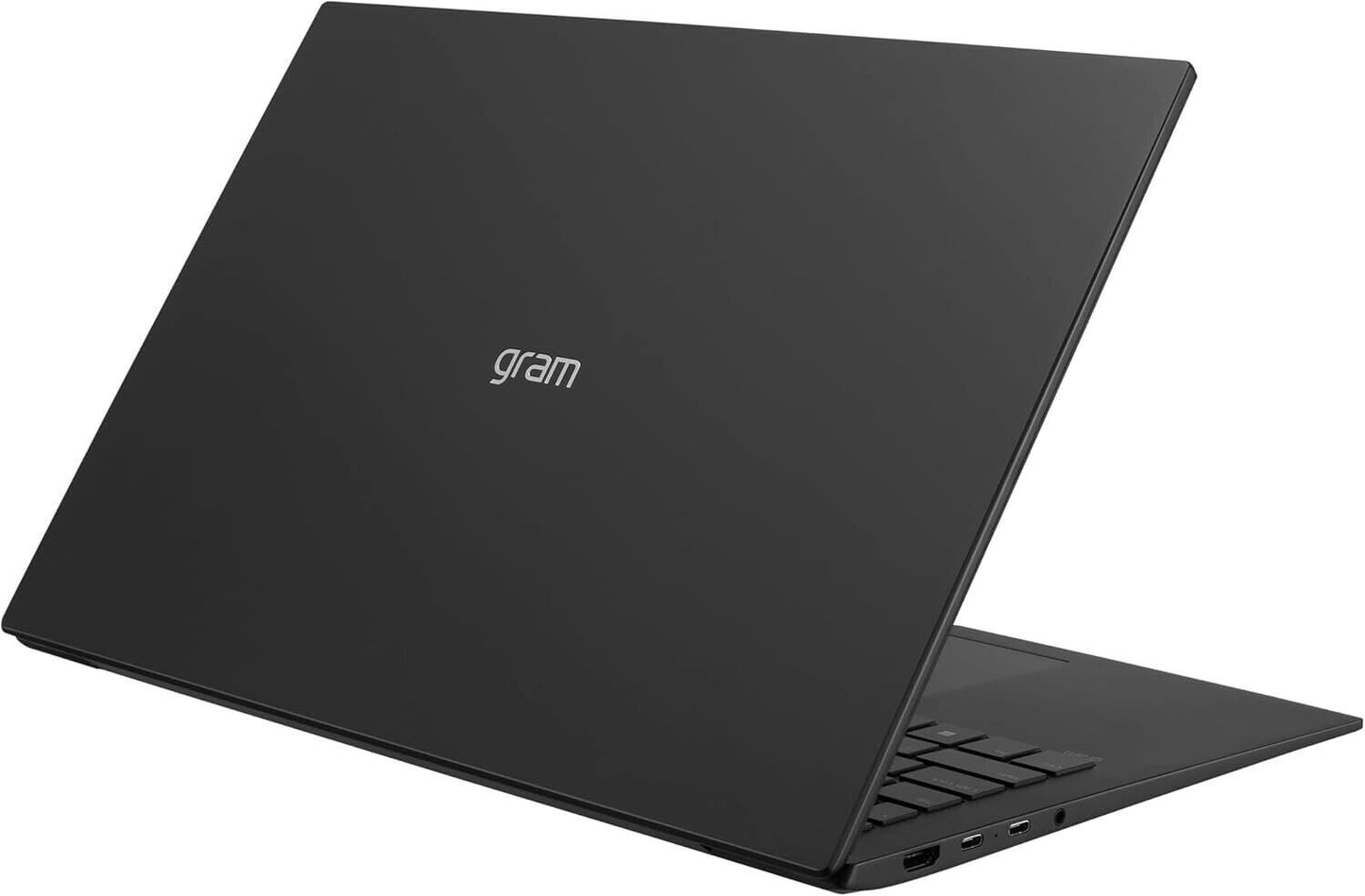 LG gram 16 laptop showing sleek black design with logo and keyboard, perfect for productivity and portability.
