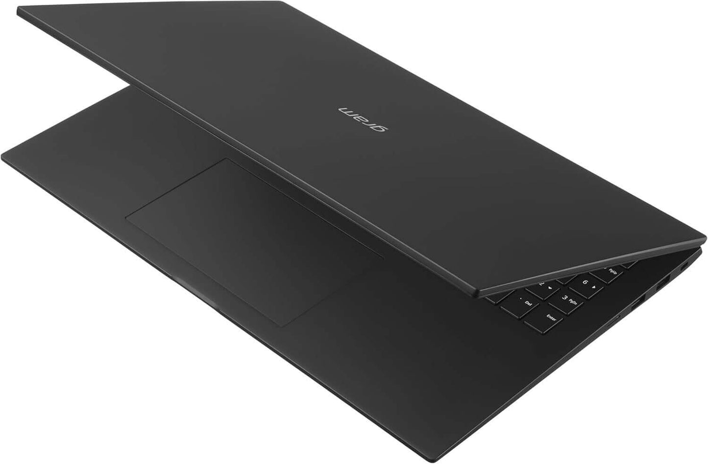 LG gram 16 16Z90S-G laptop in black with an open lid, showcasing its sleek design and keyboard