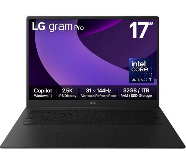 LG GRAM PRO 17 17Z90TP-G 17" 2.5K LAPTOP CORE ULTRA 7 255H 1TB SSD 32GB DDR5 RAM on display.