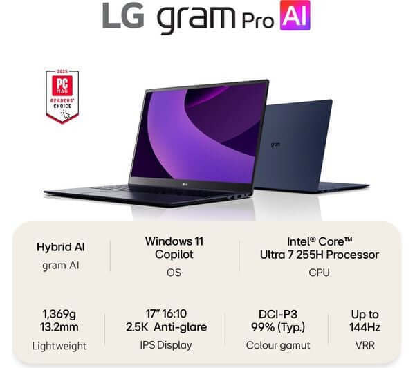 LG GRAM PRO 17 17Z90TP-G 17" 2.5K LAPTOP CORE ULTRA 7 255H 1TB SSD 32GB DDR5 RAM with IPS Display and Windows 11