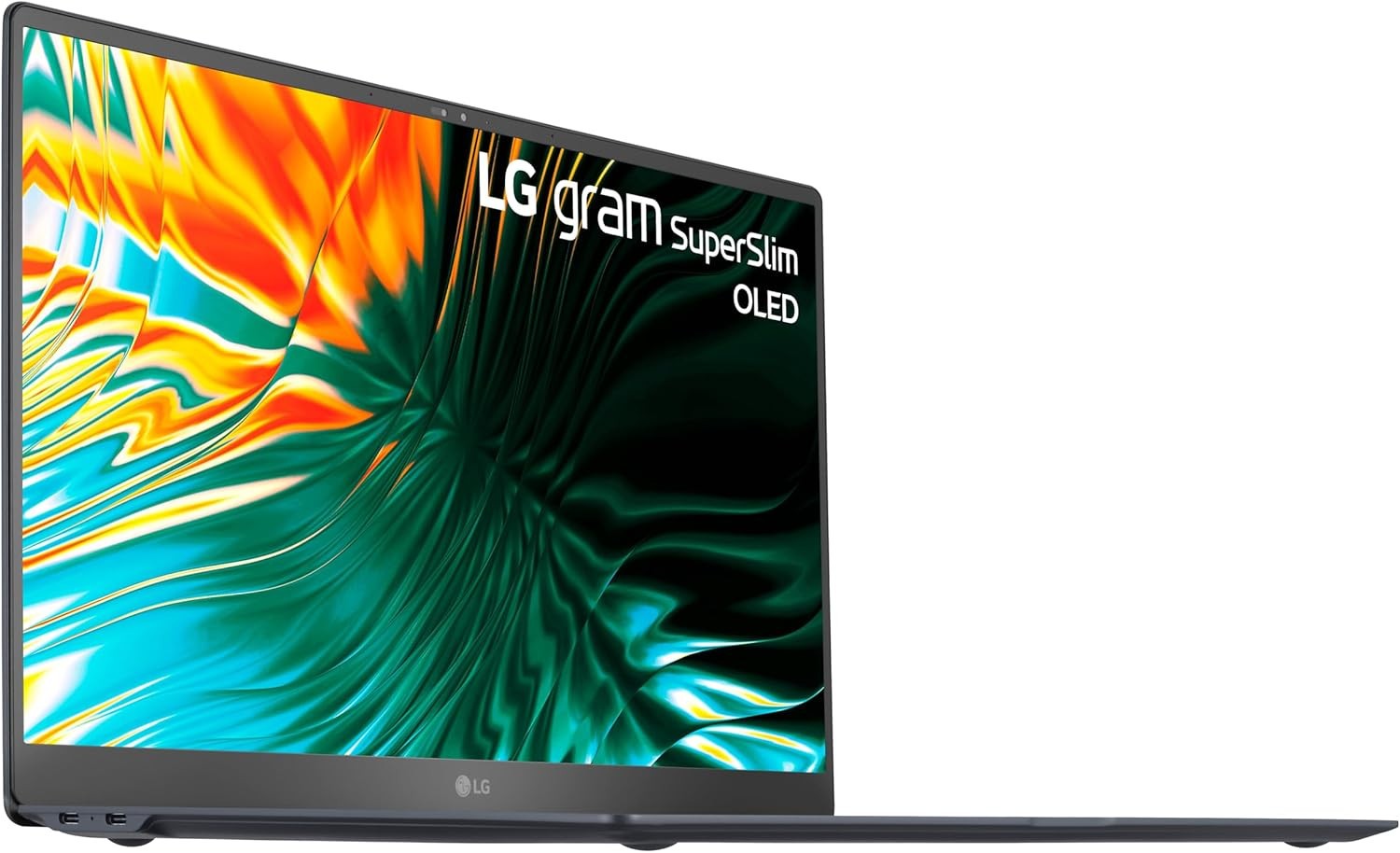 LG gram SuperSlim 15.6" laptop OLED display showcasing vibrant colors and slim design.