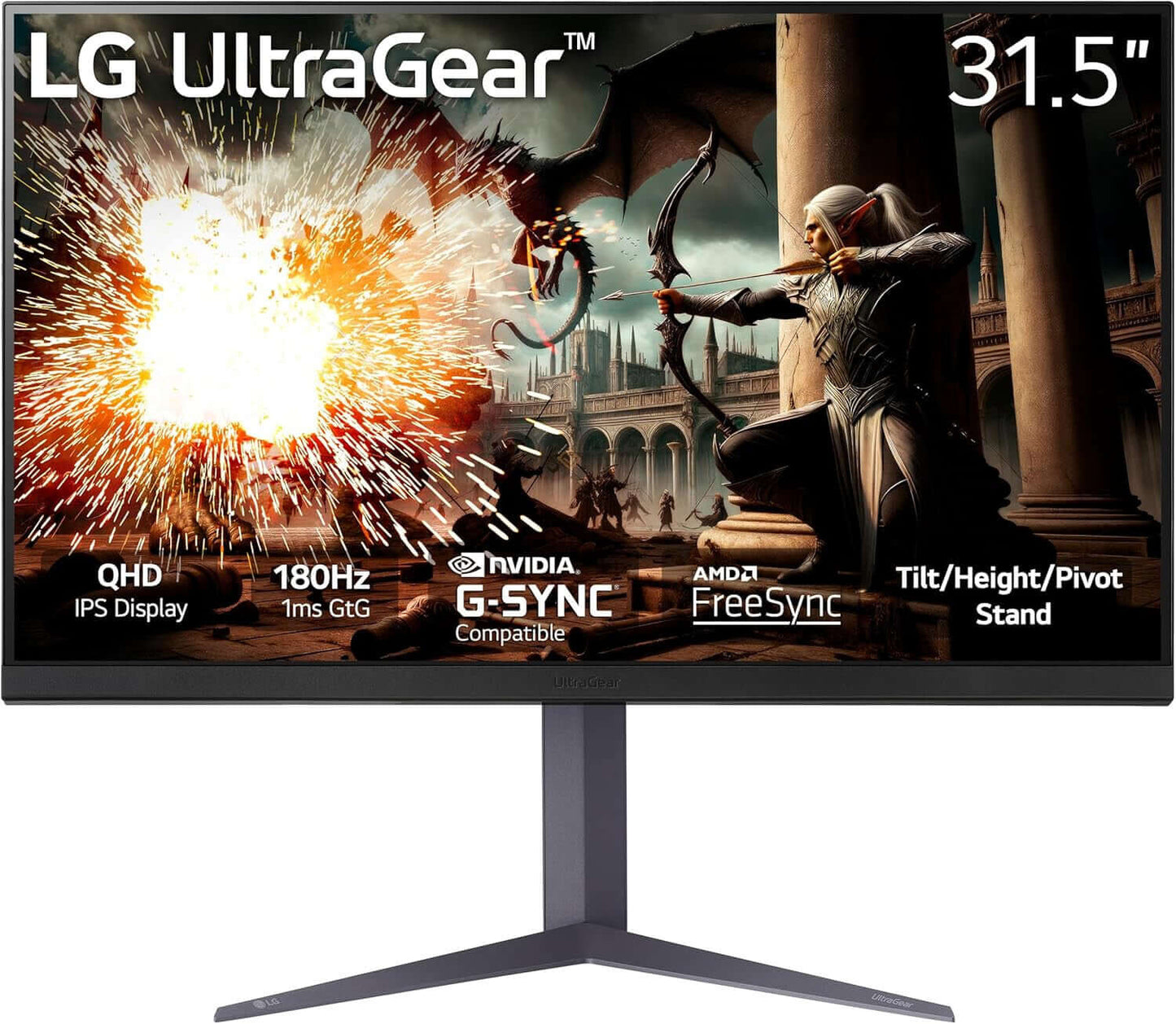 LG UltraGear 31.5" QHD gaming monitor with 180Hz, 1ms response time, G-SYNC, FreeSync, and tilted design.