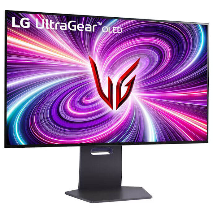 LG UltraGear 32" OLED Gaming Monitor with vibrant display and height adjustable stand.