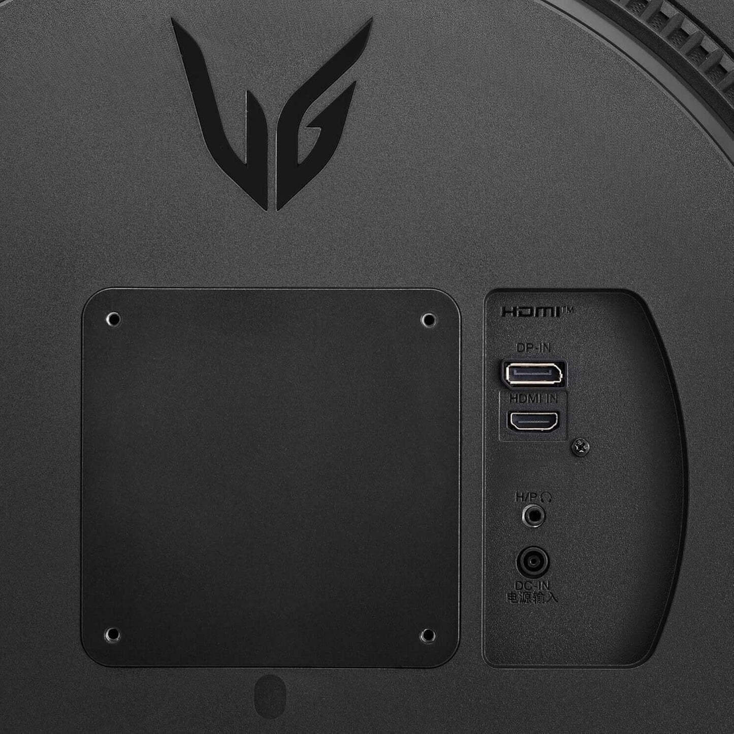 Back view of LG UltraGear gaming monitor showing HDMI, DisplayPort, and USB connections with logo.