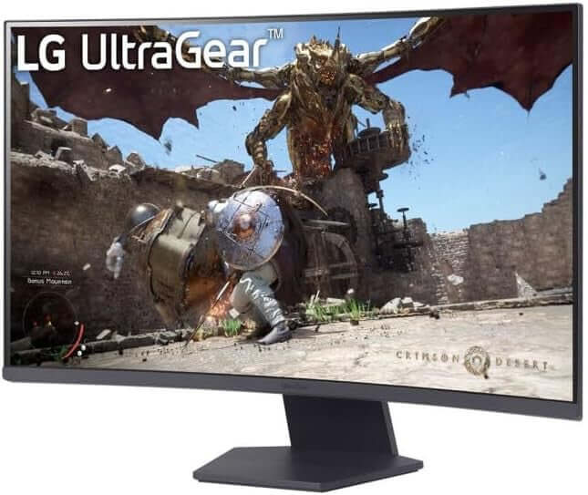 LG UltraGear 32GS60QC-B curved gaming monitor showcasing intense gameplay with a dragon, 180Hz refresh rate, and vivid colors.