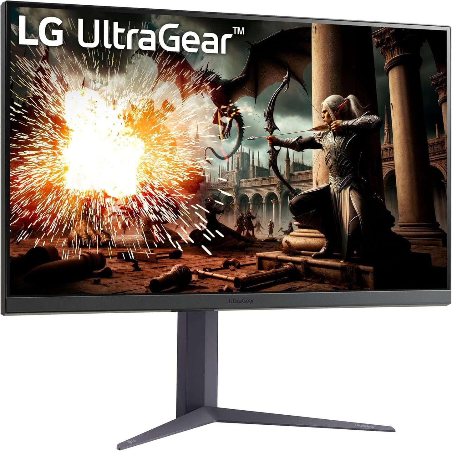 LG UltraGear 32" gaming monitor showcasing vibrant QHD display and action-packed game scene.